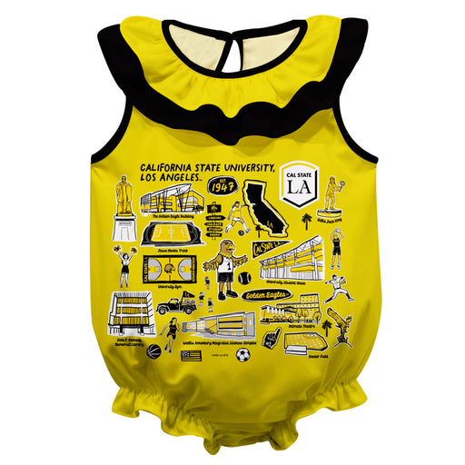 Cal State Los Angeles Golden Eagles  Gold Hand Sketched Vive La Fete Impressions Artwork Sleeveless Ruffle Onesie Bodysu