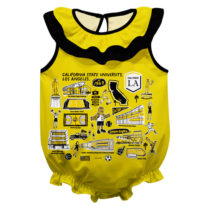 Cal State Los Angeles Golden Eagles  Gold Hand Sketched Vive La Fete Impressions Artwork Sleeveless Ruffle Onesie Bodysu