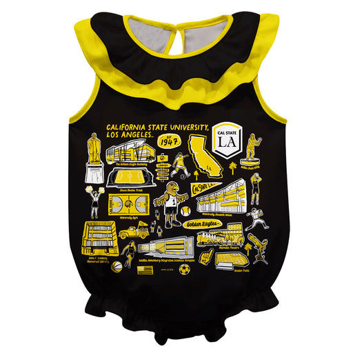 Cal State Los Angeles Golden Eagles Black Hand Sketched Vive La Fete Impressions Artwork Sleeveless Ruffle Onesie Bodysu