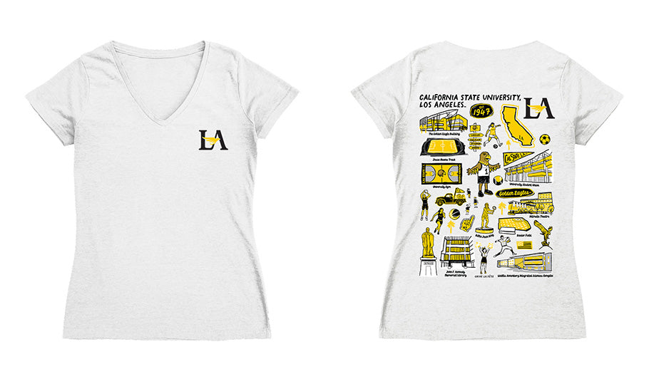 Cal State LA Golden Eagles  Hand Sketched Vive La Fete Impressions Artwork Black Women Cotton Short Sleeve V-Neck Tshirt