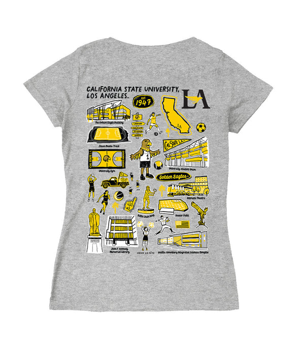 Cal State LA Golden Eagles  Hand Sketched Vive La Fete Impressions Artwork Black Women Cotton Short Sleeve V-Neck Tshirt