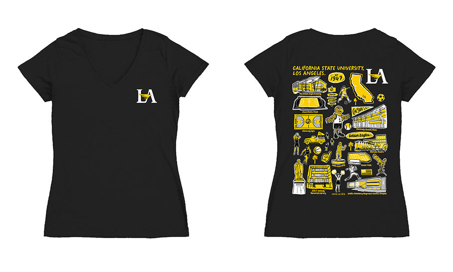 Cal State LA Golden Eagles  Hand Sketched Vive La Fete Impressions Artwork Black Women Cotton Short Sleeve V-Neck Tshirt