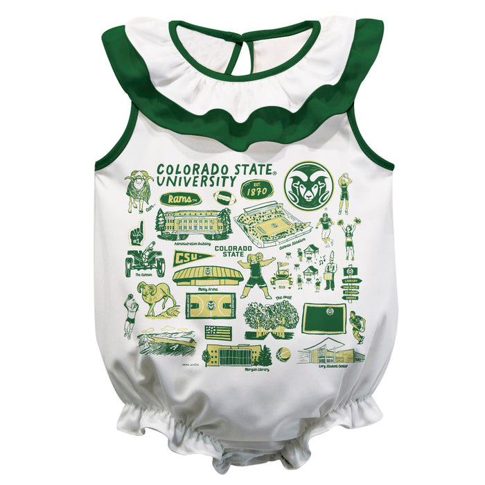 Colorado State Rams CSU  White Hand Sketched Vive La Fete Impressions Artwork Sleeveless Ruffle Onesie Bodysuit