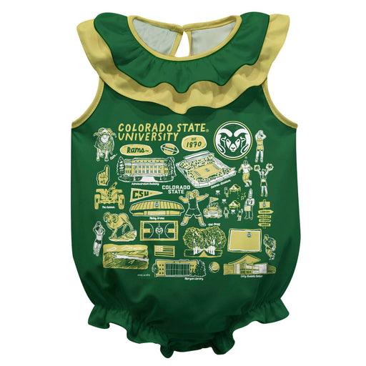 Colorado State Rams CSU  Green Hand Sketched Vive La Fete Impressions Artwork Sleeveless Ruffle Onesie Bodysuit
