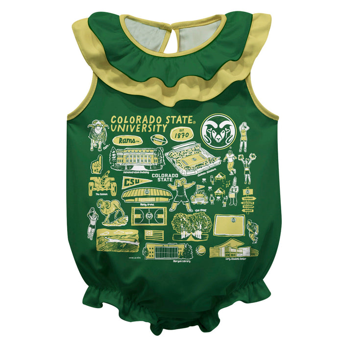 Colorado State Rams CSU  Green Hand Sketched Vive La Fete Impressions Artwork Sleeveless Ruffle Onesie Bodysuit