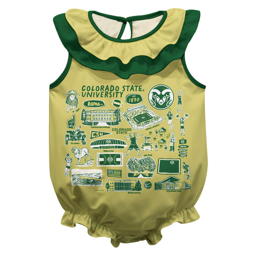 Colorado State Rams CSU  Light Gold Hand Sketched Vive La Fete Impressions Artwork Sleeveless Ruffle Onesie Bodysuit