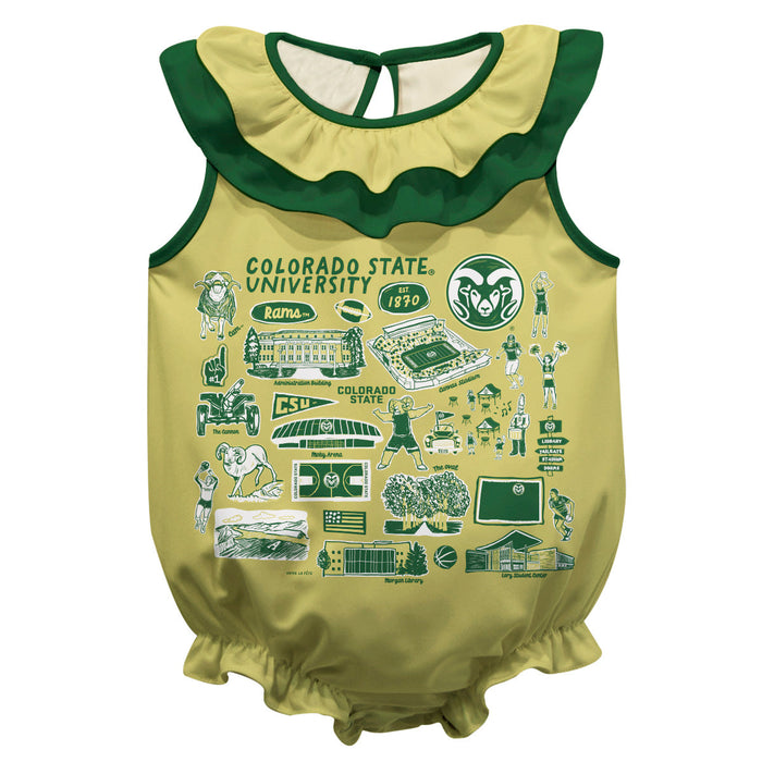 Colorado State Rams CSU  Light Gold Hand Sketched Vive La Fete Impressions Artwork Sleeveless Ruffle Onesie Bodysuit
