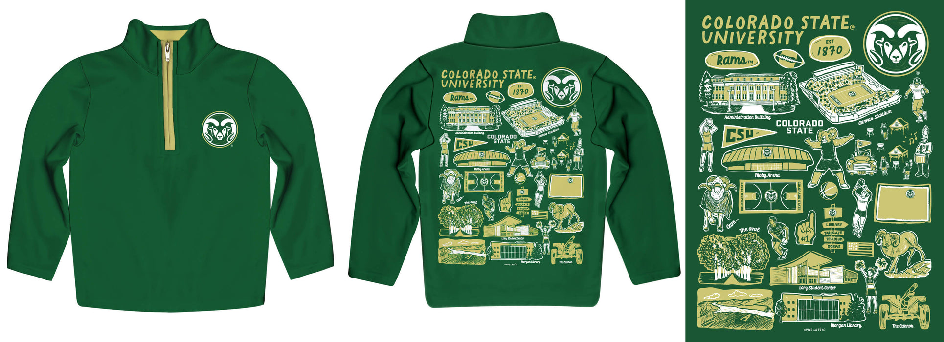 Colorado State Rams CSU Hand Sketched Vive La Fete Impressions Artwork Green Boys Quarter Zip Pullover V1 - Vive La Fête - Online Apparel Store