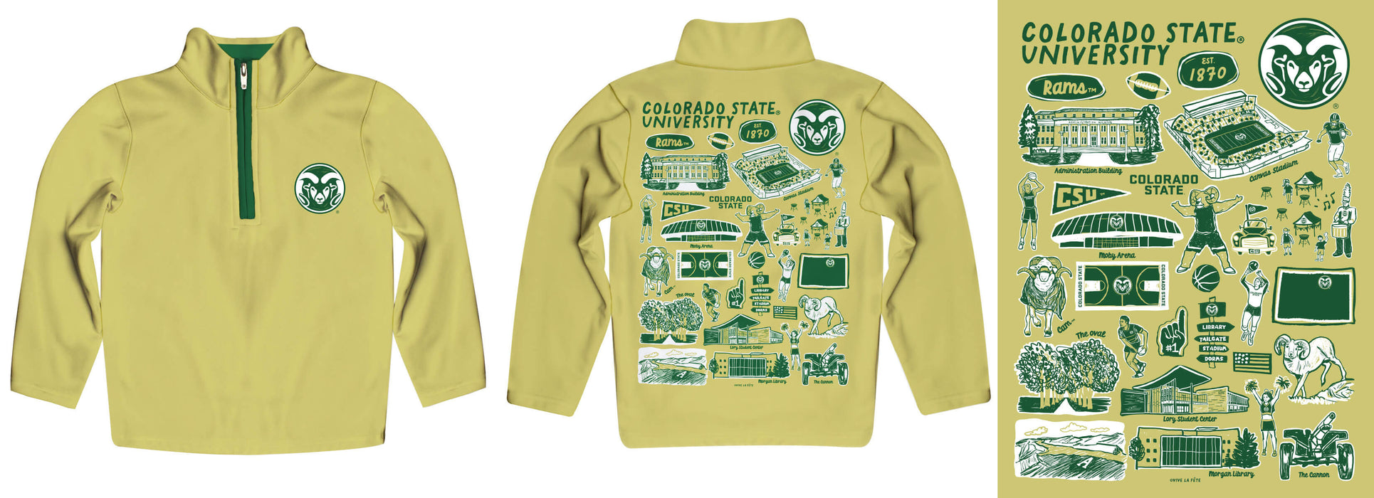 Colorado State Rams CSU Hand Sketched Vive La Fete Impressions Artwork Gold Boys Quarter Zip Pullover V1 - Vive La Fête - Online Apparel Store