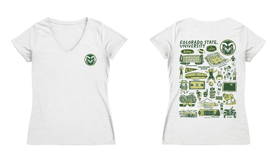 Colorado State Rams CSU Hand Sketched Vive La Fete Impressions Artwork Green Women Cotton Short Sleeve V-Neck Tshirt - Vive La Fête - Online Apparel Store