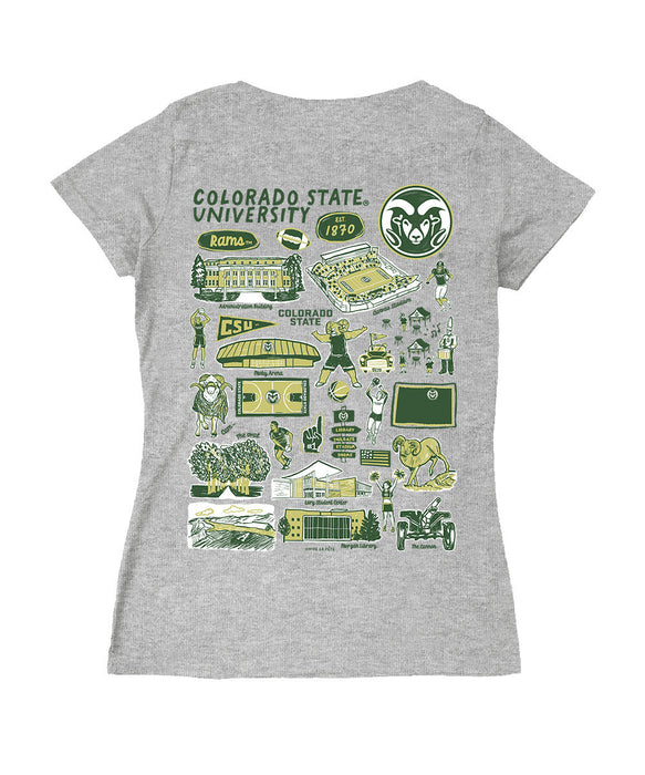 Colorado State Rams CSU Hand Sketched Vive La Fete Impressions Artwork Green Women Cotton Short Sleeve V-Neck Tshirt - Vive La Fête - Online Apparel Store