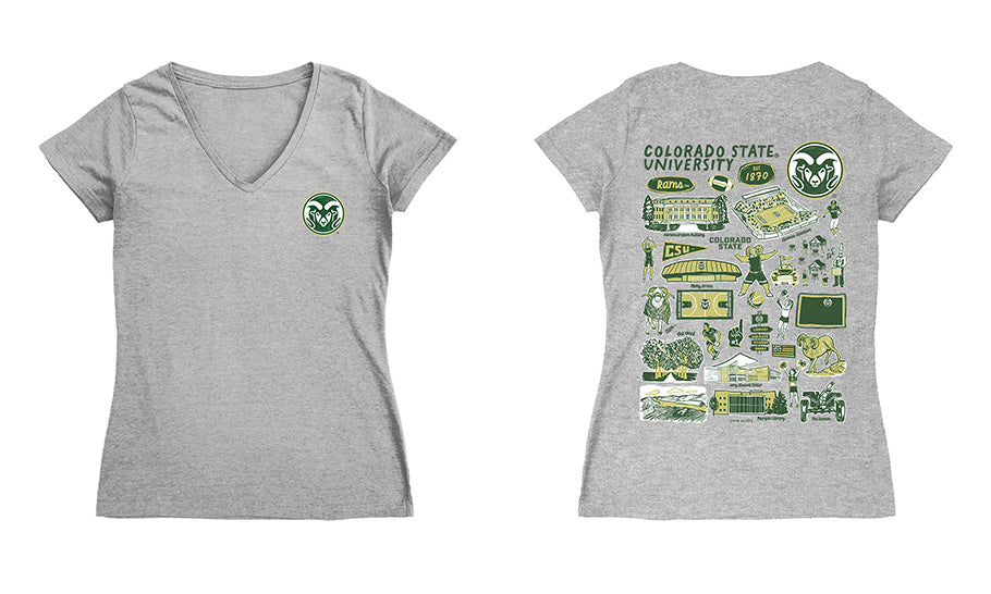 Colorado State Rams CSU Hand Sketched Vive La Fete Impressions Artwork Green Women Cotton Short Sleeve V-Neck Tshirt - Vive La Fête - Online Apparel Store