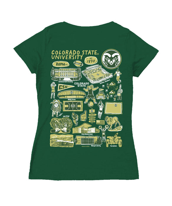 Colorado State Rams CSU Hand Sketched Vive La Fete Impressions Artwork Green Women Cotton Short Sleeve V-Neck Tshirt - Vive La Fête - Online Apparel Store