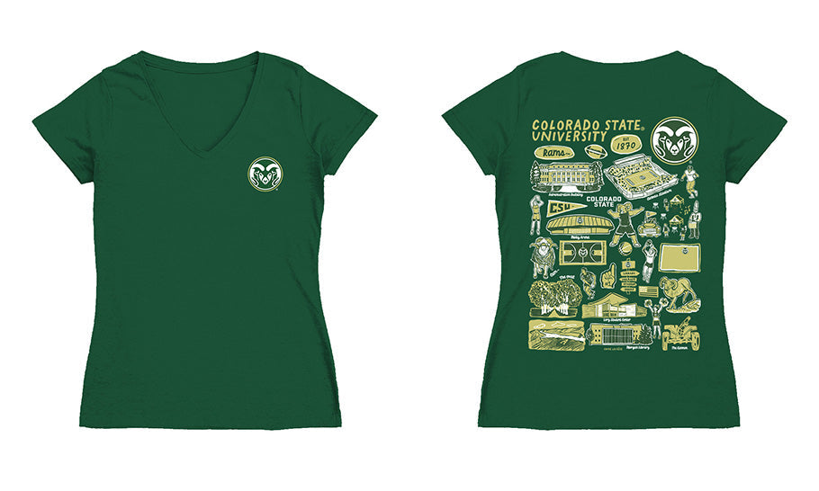 Colorado State Rams CSU Hand Sketched Vive La Fete Impressions Artwork Green Women Cotton Short Sleeve V-Neck Tshirt - Vive La Fête - Online Apparel Store