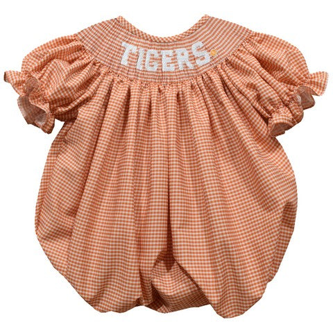 Clemson Tigers Smocked Orange Gingham Short Sleeve Girls  Bubble