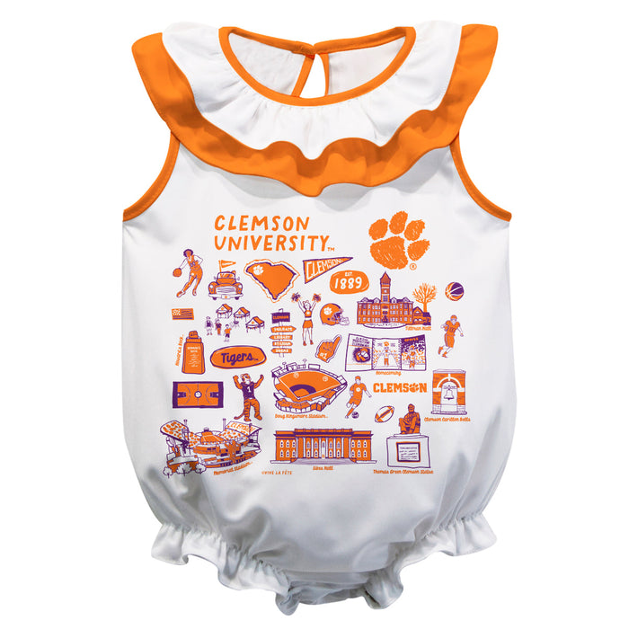 Clemson Tigers  White Hand Sketched Vive La Fete Impressions Artwork Sleeveless Ruffle Onesie Bodysuit