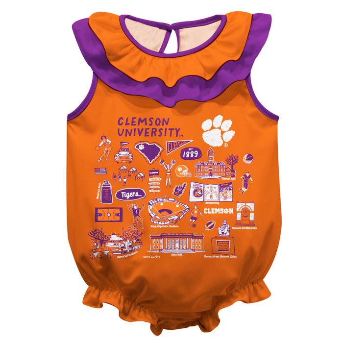 Clemson Tigers  Orange Hand Sketched Vive La Fete Impressions Artwork Sleeveless Ruffle Onesie Bodysuit