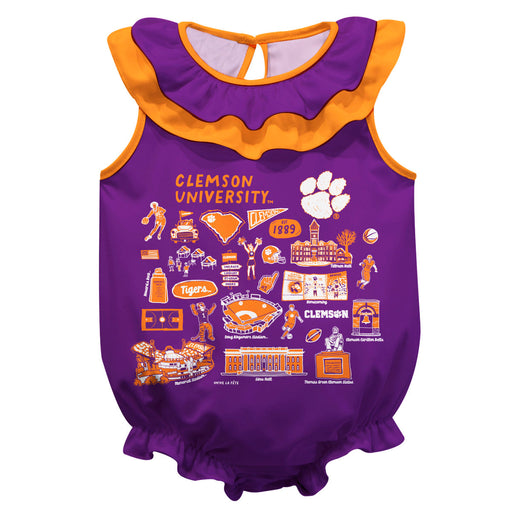 Clemson Tigers  Purple Hand Sketched Vive La Fete Impressions Artwork Sleeveless Ruffle Onesie Bodysuit