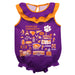 Clemson Tigers  Purple Hand Sketched Vive La Fete Impressions Artwork Sleeveless Ruffle Onesie Bodysuit