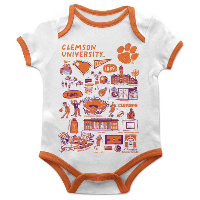 Clemson Tigers Hand Sketched Vive La Fete Impressions Artwork Infant White Short Sleeve Onesie Bodysuit