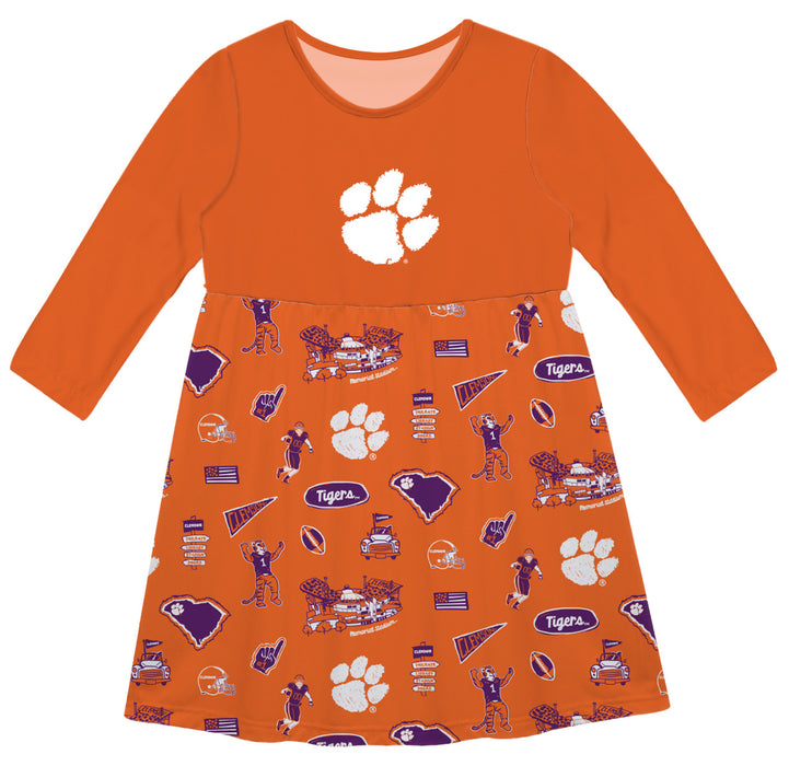 Clemson Tigers Long Sleeve Solid Orange Repeat Print Hand Sketched Impressions Artwork on Skirt