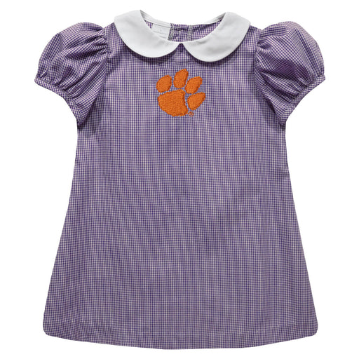 Clemson Tigers Embroidered Purple Gingham Short Sleeve A Line Dress