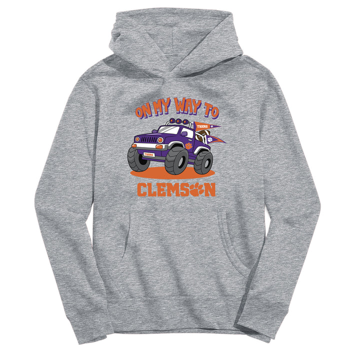 Clemson Tigers On My Way Monster Truck Heather Grey Cotton Youth Hoodie