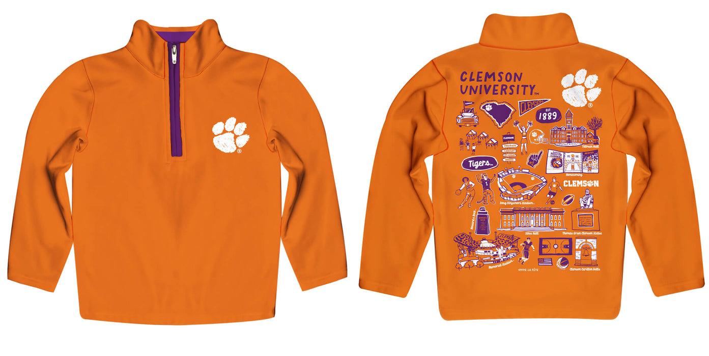 Clemson Tigers Hand Sketched Vive La Fete Impressions Artwork Orange Boys Quarter Zip Pullover V1 - Vive La Fête - Online Apparel Store