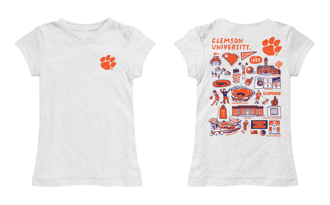 Clemson Tigers Hand Sketched Vive La Fete Impressions Artwork White Girls Cotton Short Sleeve Tee - Vive La Fête - Online Apparel Store