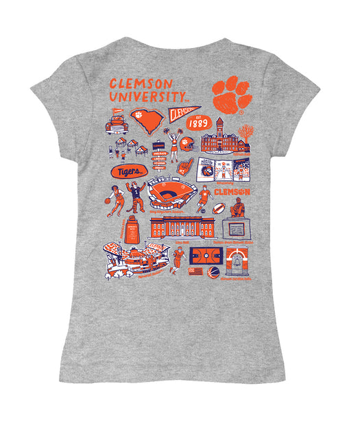 Clemson Tigers Hand Sketched Vive La Fete Impressions Artwork Grey Girls Cotton Short Sleeve Tee - Vive La Fête - Online Apparel Store