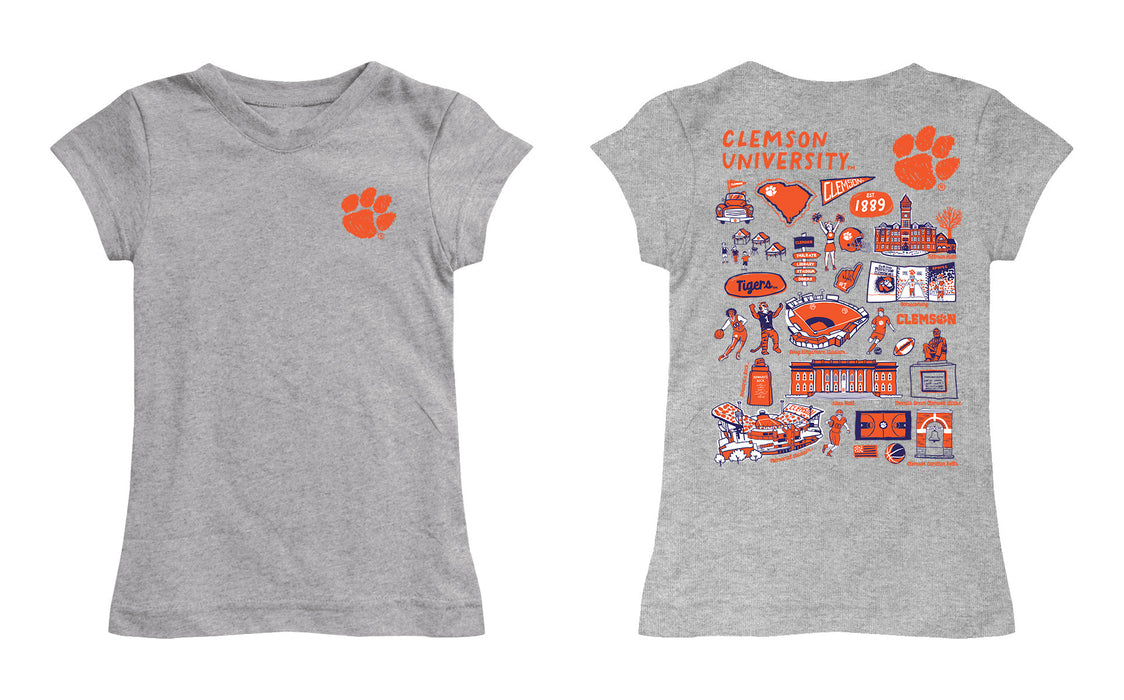 Clemson Tigers Hand Sketched Vive La Fete Impressions Artwork Grey Girls Cotton Short Sleeve Tee - Vive La Fête - Online Apparel Store
