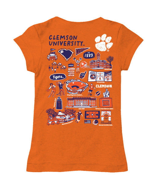Clemson Tigers Hand Sketched Vive La Fete Impressions Artwork Orange Girls Cotton Short Sleeve Tee - Vive La Fête - Online Apparel Store
