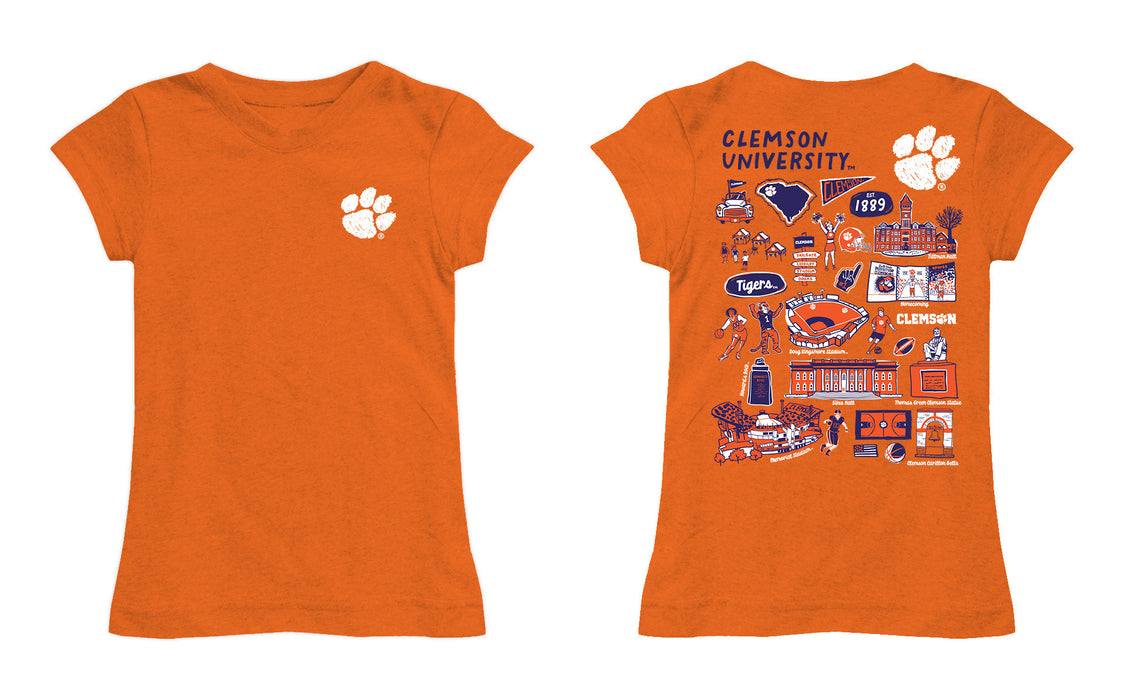 Clemson Tigers Hand Sketched Vive La Fete Impressions Artwork Orange Girls Cotton Short Sleeve Tee - Vive La Fête - Online Apparel Store