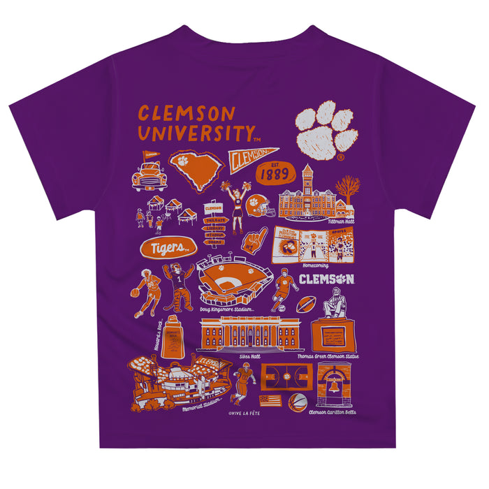 Clemson Tigers Hand Sketched Vive La Fete Impressions Artwork Boys Purple Short Sleeve Tee Shirt