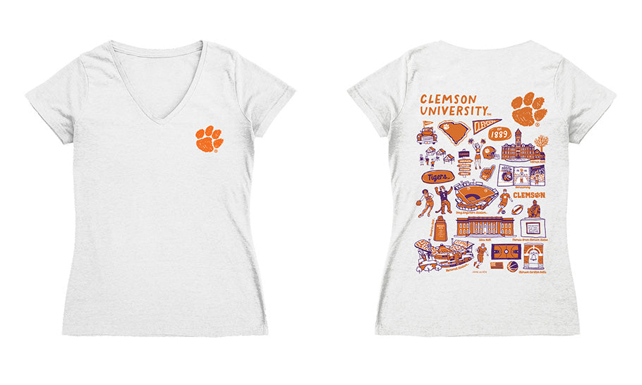 Clemson Tigers Hand Sketched Vive La Fete Impressions Artwork Orange Women Cotton Short Sleeve V-Neck Tshirt