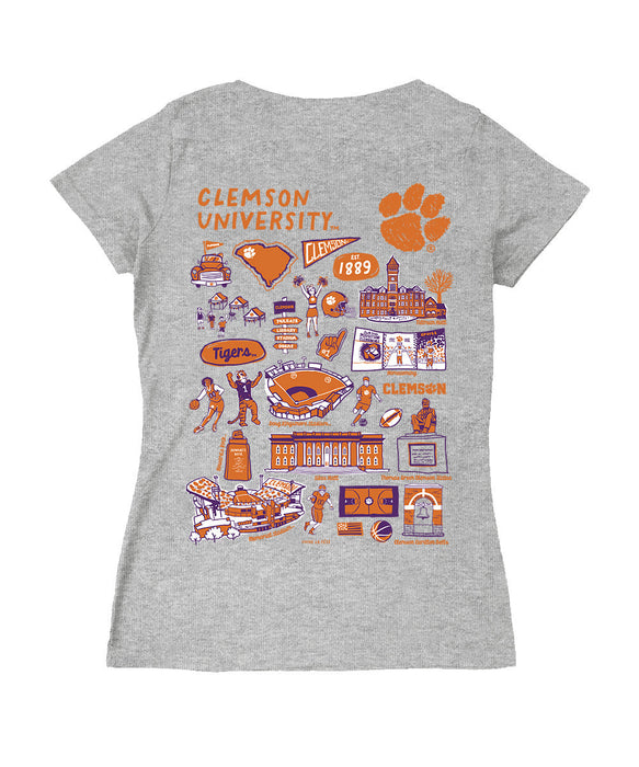 Clemson Tigers Hand Sketched Vive La Fete Impressions Artwork Orange Women Cotton Short Sleeve V-Neck Tshirt