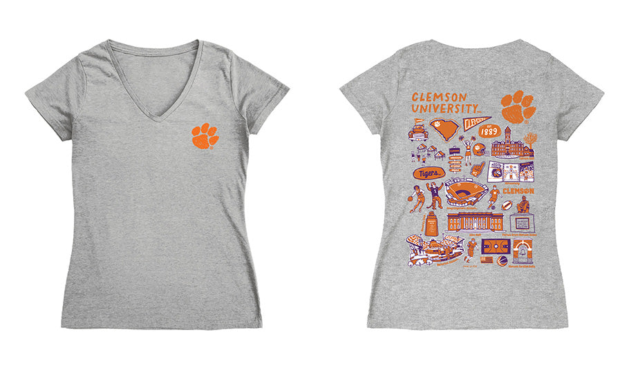 Clemson Tigers Hand Sketched Vive La Fete Impressions Artwork Orange Women Cotton Short Sleeve V-Neck Tshirt