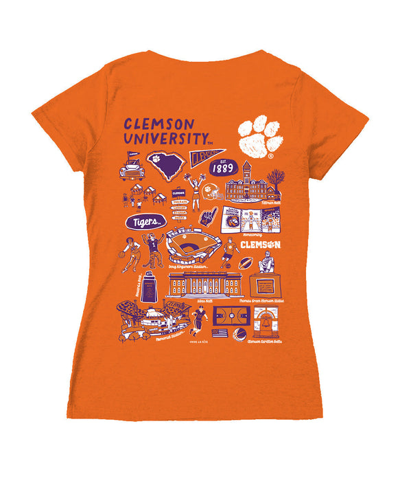 Clemson Tigers Hand Sketched Vive La Fete Impressions Artwork Orange Women Cotton Short Sleeve V-Neck Tshirt