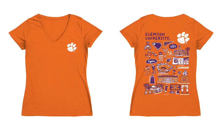 Clemson Tigers Hand Sketched Vive La Fete Impressions Artwork Orange Women Cotton Short Sleeve V-Neck Tshirt