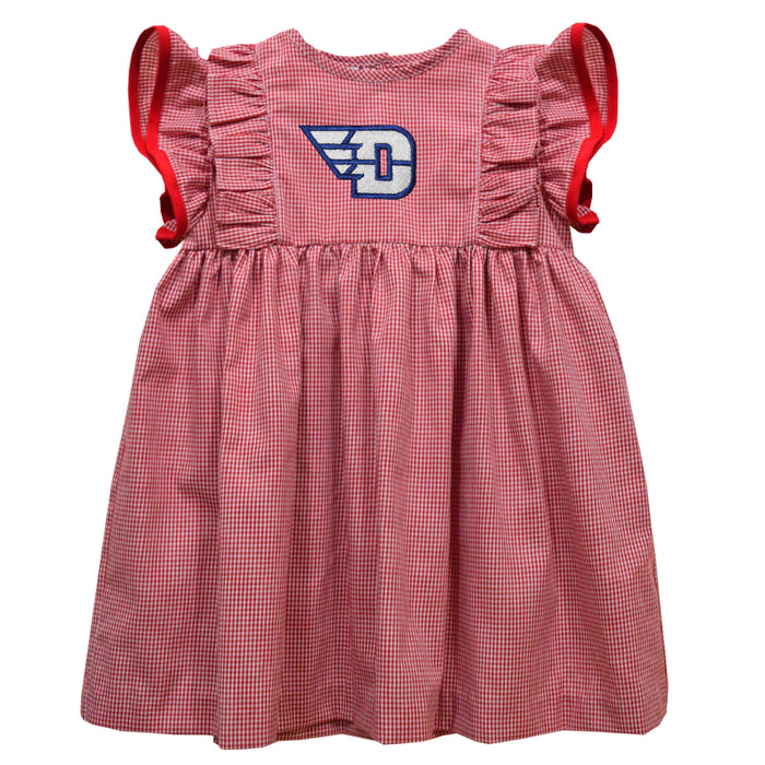 University of Dayton Flyers Embroidered Cardinal Red Gingham Short Sleeve Ruffle Dress