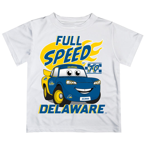 Delaware Blue Hens Vive La Fete Toy Racing Car Boys Game Day White Short Sleeve Tee