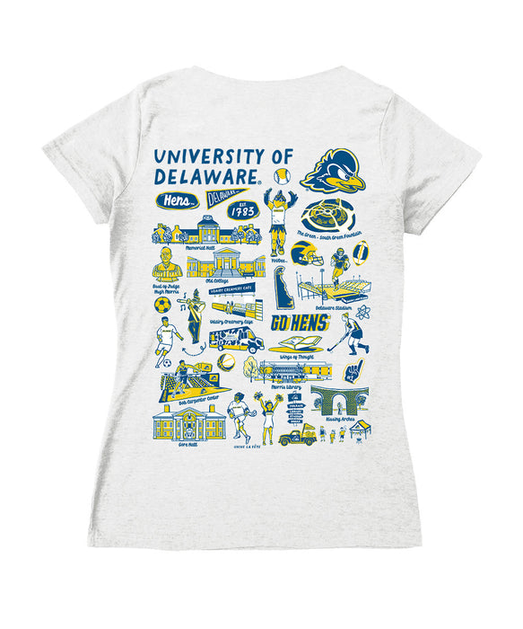 Delaware Blue Hens Hand Sketched Vive La Fete Impressions Artwork Royal Women Cotton Short Sleeve V-Neck Tshirt