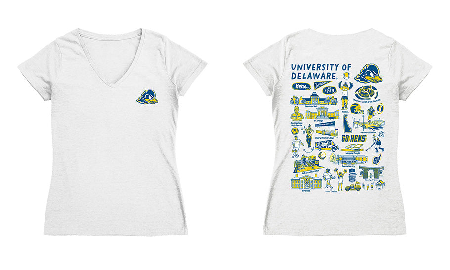 Delaware Blue Hens Hand Sketched Vive La Fete Impressions Artwork Royal Women Cotton Short Sleeve V-Neck Tshirt