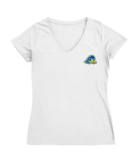 Delaware Blue Hens Hand Sketched Vive La Fete Impressions Artwork White Women Cotton Short Sleeve V-Neck Tshirt