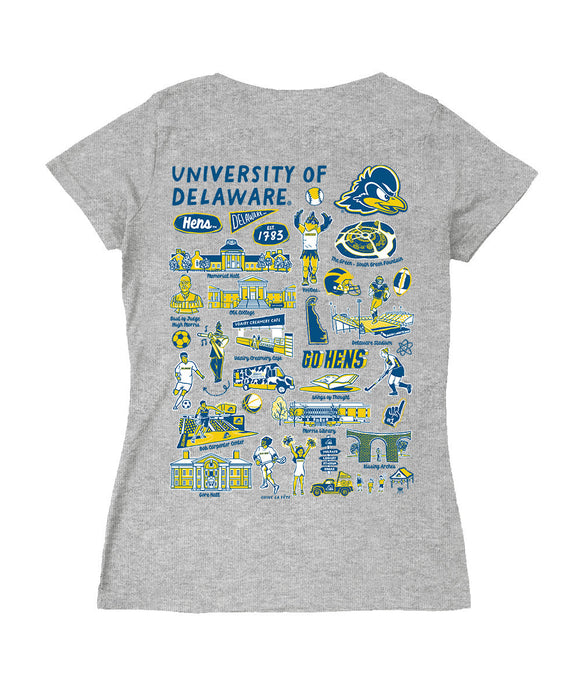 Delaware Blue Hens Hand Sketched Vive La Fete Impressions Artwork Royal Women Cotton Short Sleeve V-Neck Tshirt