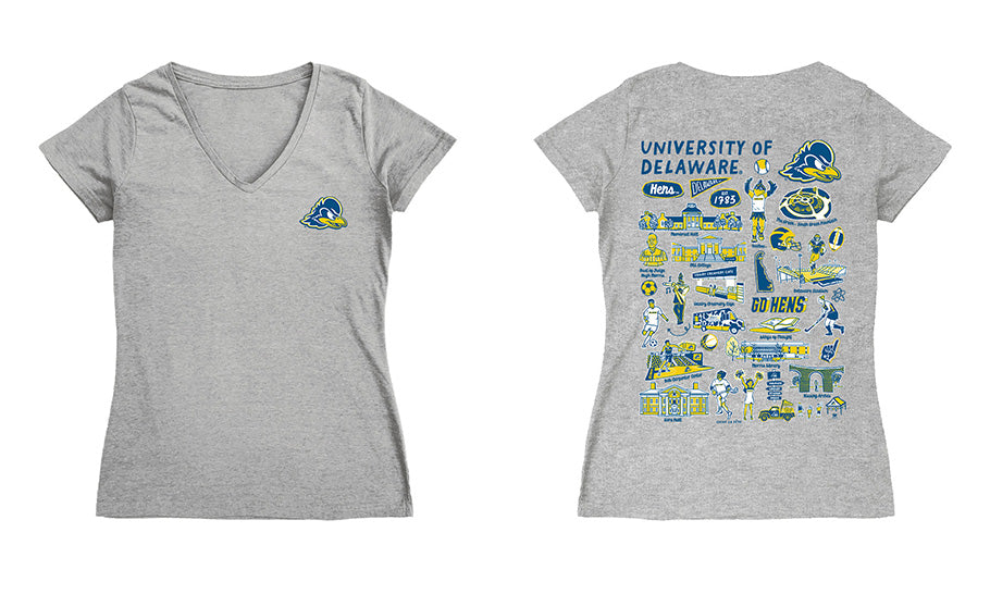 Delaware Blue Hens Hand Sketched Vive La Fete Impressions Artwork Royal Women Cotton Short Sleeve V-Neck Tshirt