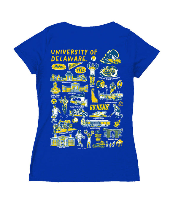 Delaware Blue Hens Hand Sketched Vive La Fete Impressions Artwork Royal Women Cotton Short Sleeve V-Neck Tshirt
