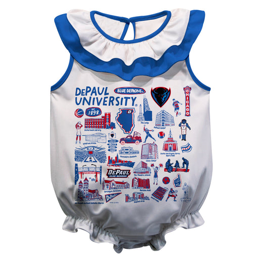 Depaul Blue Demons  White Hand Sketched Vive La Fete Impressions Artwork Sleeveless Ruffle Onesie Bodysuit