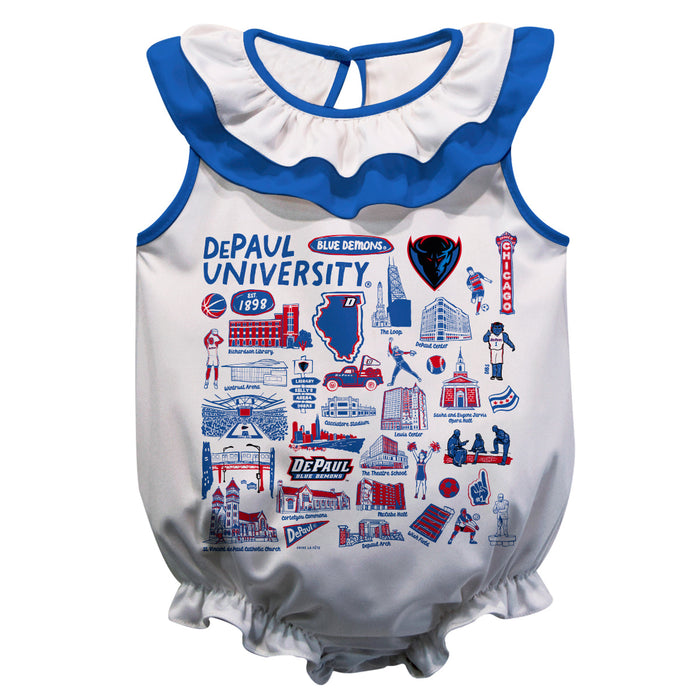 Depaul Blue Demons  White Hand Sketched Vive La Fete Impressions Artwork Sleeveless Ruffle Onesie Bodysuit