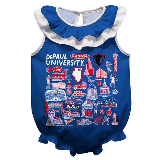 Depaul Blue Demons  Blue Hand Sketched Vive La Fete Impressions Artwork Sleeveless Ruffle Onesie Bodysuit